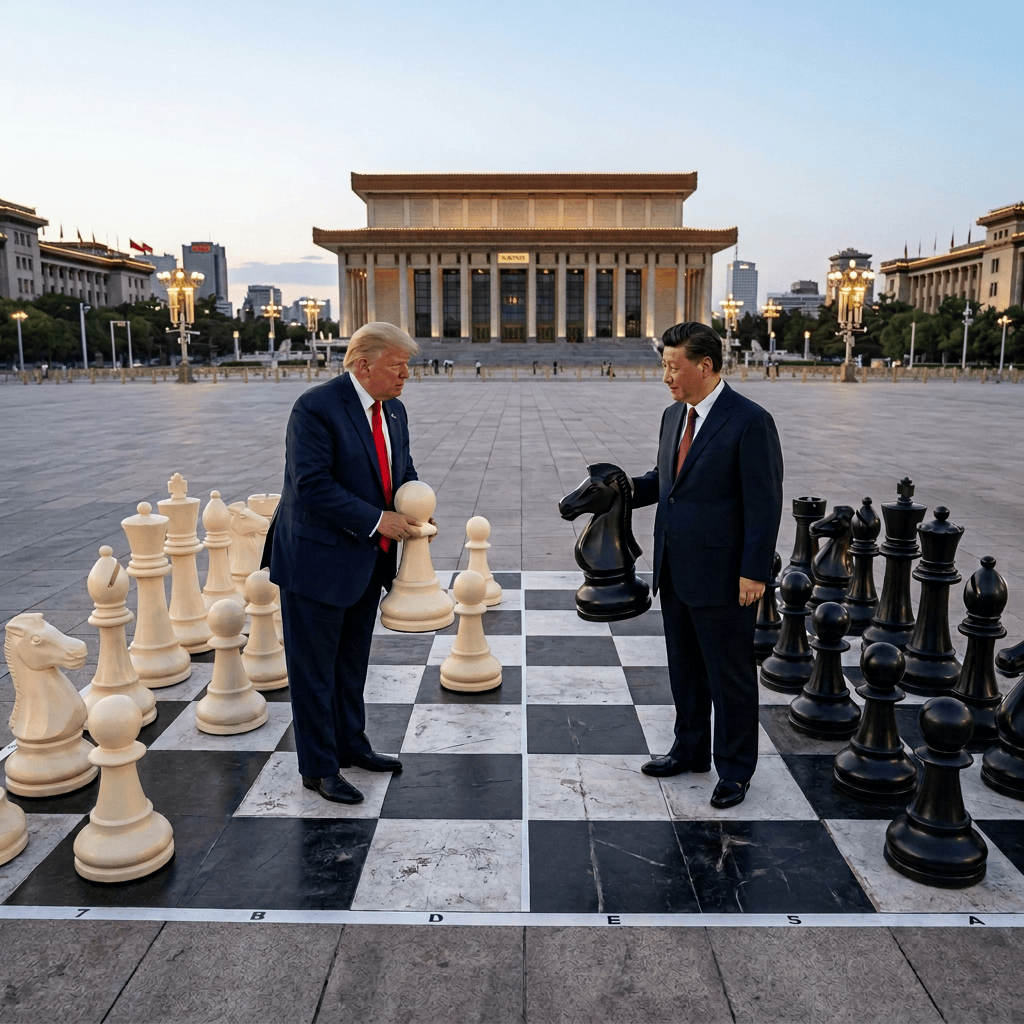 Donald Trump and Xi Jinping face off over a giant chessboard